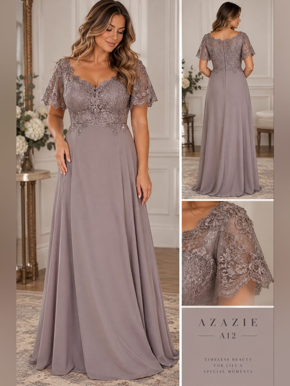 Azazie A12 Taupe Mauve Lace Embroidered Formal Maxi Gown Bridesmaid Dress